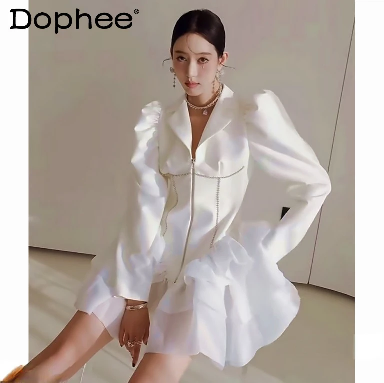 

Chic Dress for Women 2022 Spring Autumn Shinny Diamond Organza Hem Patchwork Zipper Bubble Dresses Long Sleeve White Black