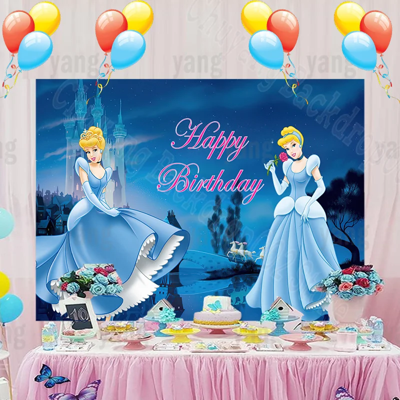 Disney Castle Cinderella Princess Romantic Rose Backdrop Dark Night Background Girls Happy Birthday Party Baby Shower Banner enlarge