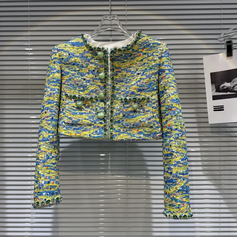 

2023 Autumn New Arrival Long Sleeve Round Neck Single Breasted Buttons Green Colorful Tweed Short Jacket Women GL897