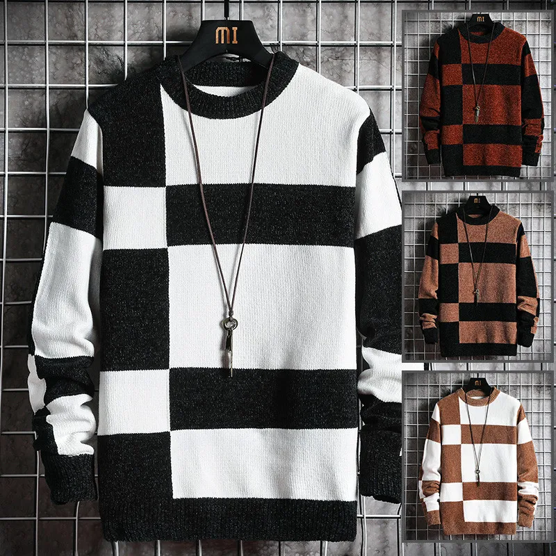 

Casual Men's Sweater O-Neck Striped Slim Fit Knittwear 2022 New Mens Sweaters Pullovers Pullover Men Patchwork Pull Homme 3XL