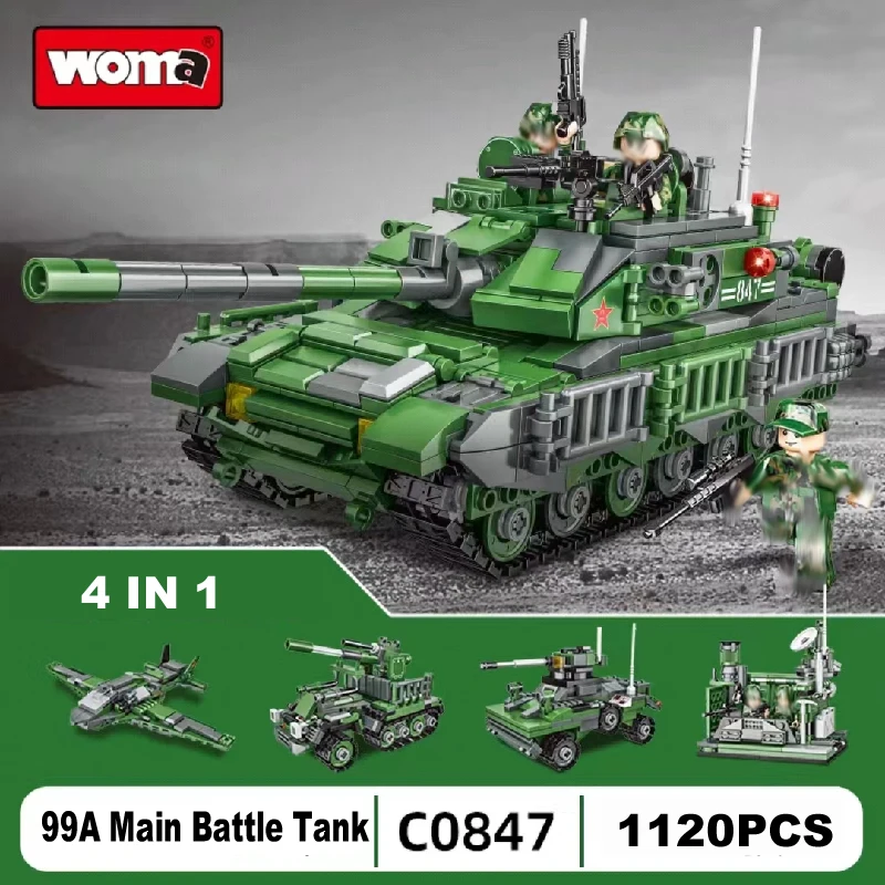 

1120PCS WW2 New Military Army Weapon 4IN1 99A Main Battle Tank Building Blocks Creative Soldier DIY Bricks Toys For Kid Boy Gift