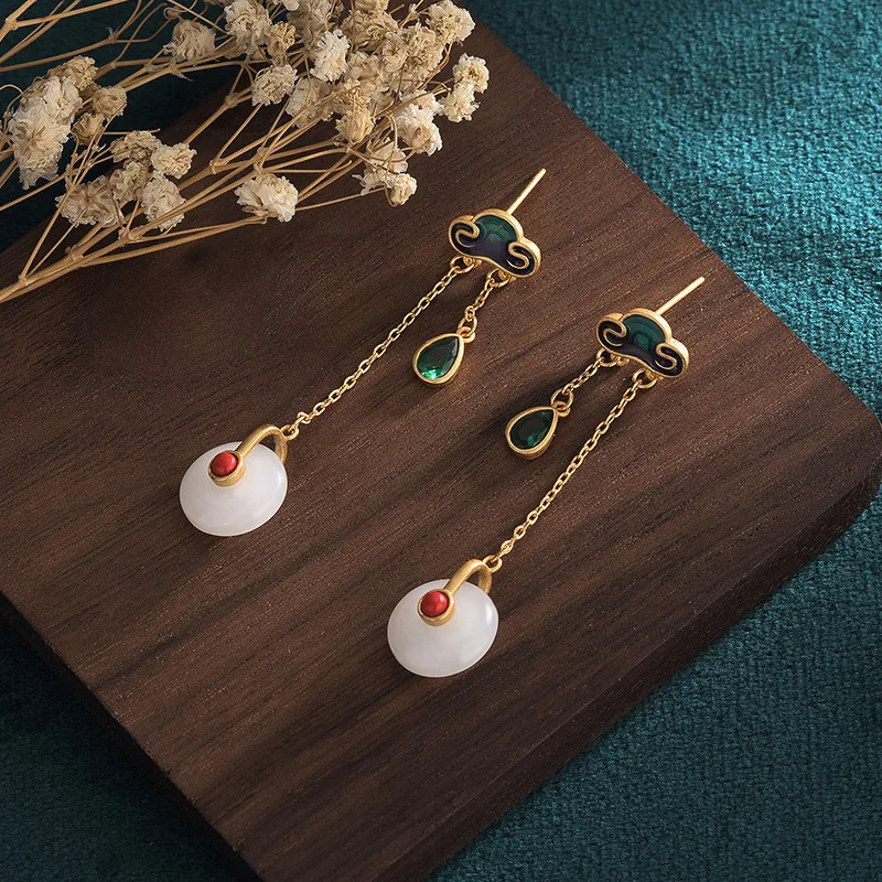 

2022 National Tide New Product Gold-plated Enamel Painted Auspicious Cloud Stud Earrings Hetian Jade China Style Earrings Women