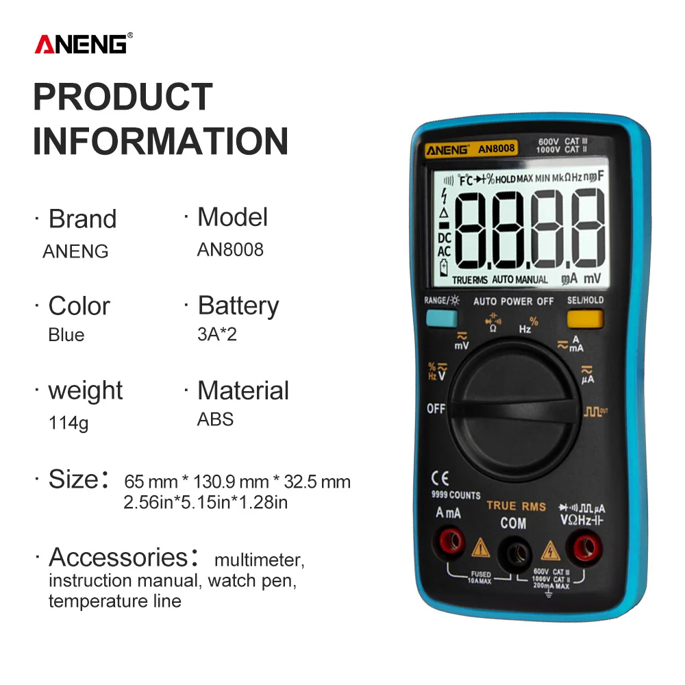 

Цифровой мультиметр ANENG AN8008, 9999 отсчетов, True-RMS, квадратная волна, подсветка, амперметр напряжения постоянного и переменного тока, Ток Ом, автоматический/ручной