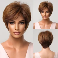 short pixie cut wigs for women afro golden chocolate brown synthetic hair wig with bangs daily cosplay heat resistant wig