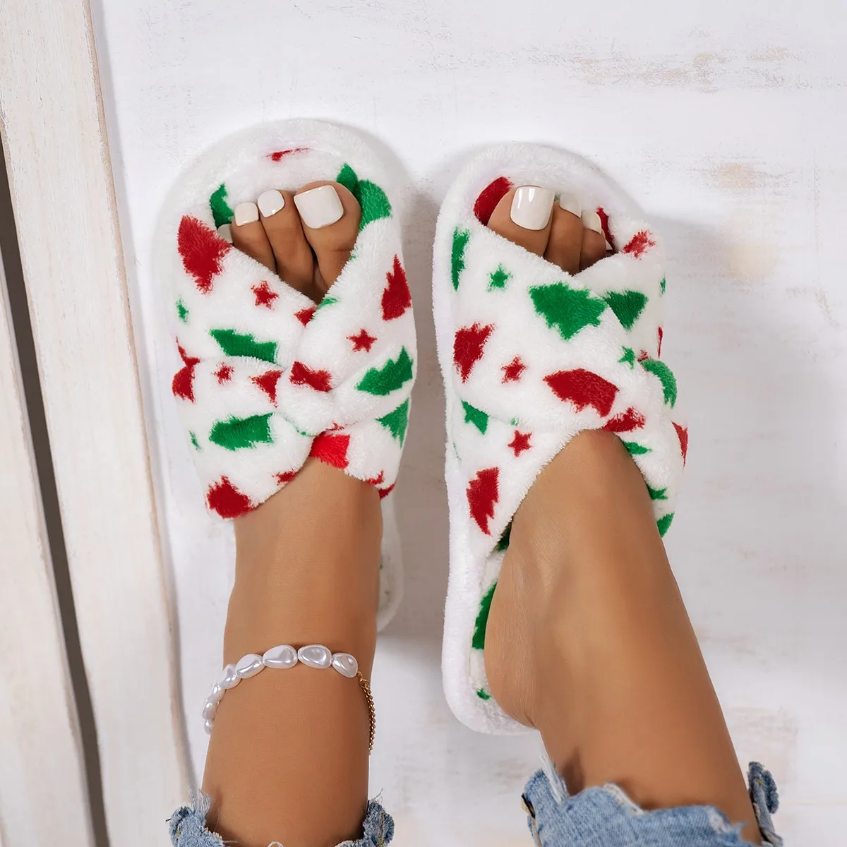 Fashion Cotton Slippers Lady One Word Open Toe Slippers Winter Home Non-slip Warm Cute Indoor Home Floor Fur Christmas Slippers