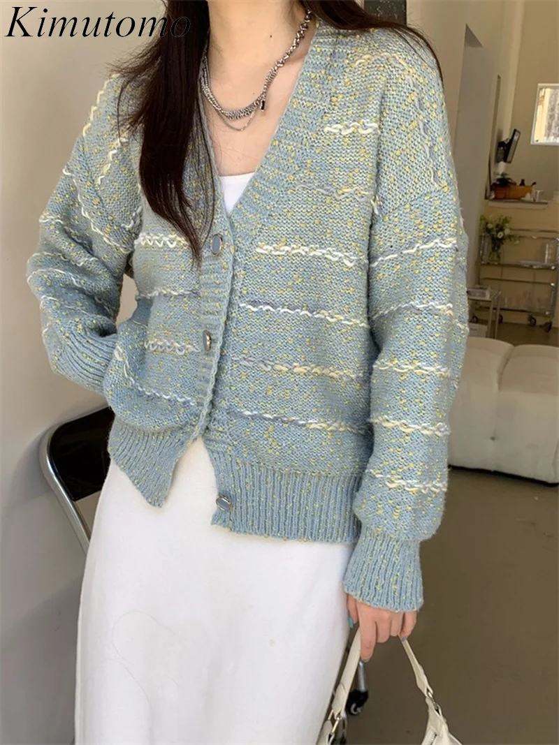 

Kimutomo Vintage Loose Striped Design Color Contrast Sweater Woman Casual V-neck Single Breast Versatile Knit Cardigan Ins New