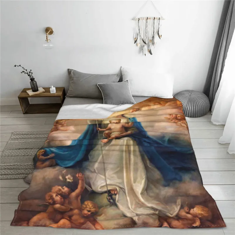 

Virgin Mary Christian Catholic Blankets Velvet Winter Portable Super Warm Throw Blankets for Bed Outdoor Plush Thin Quilt