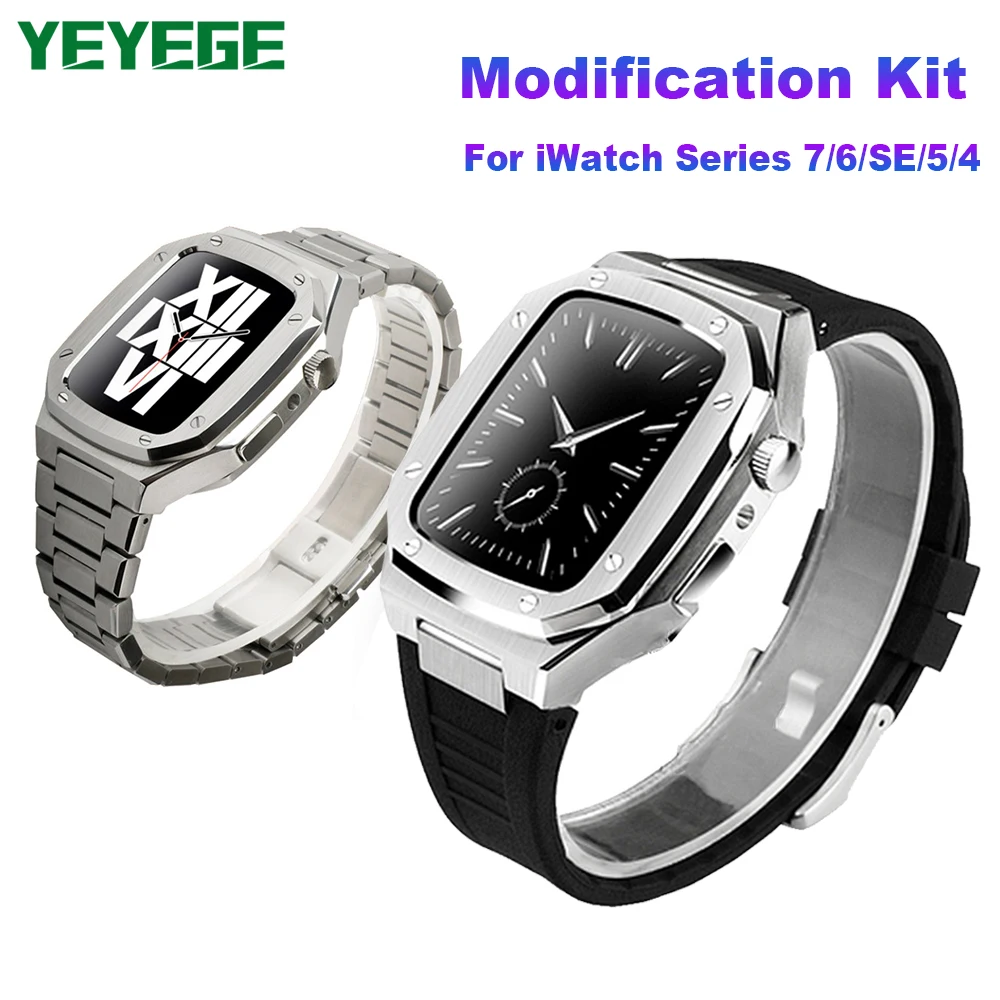 

Роскошный металлический чехол + ремешок для Apple Watch Band Series 7 45 мм 41 мм, ремешок из нержавеющей стали, резиновый браслет для IWatch 6 5 4 44 мм 40 мм