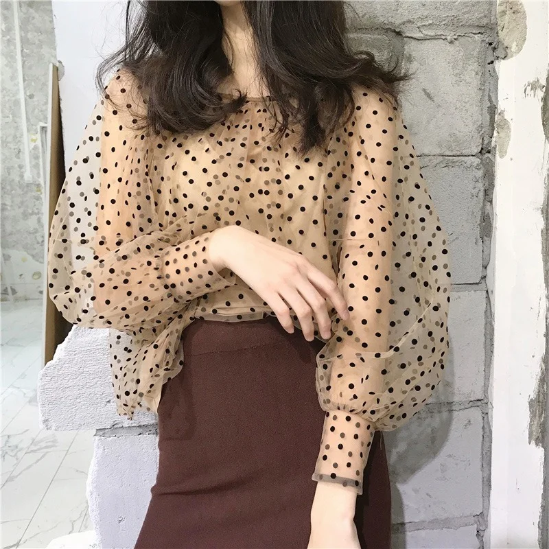 

2021 Women's Sweet Black Polka Dot Mesh Sheer T-Shirt New Puff Long Sleeve Sexy See-through Chic Khaki New Transparent Fashion