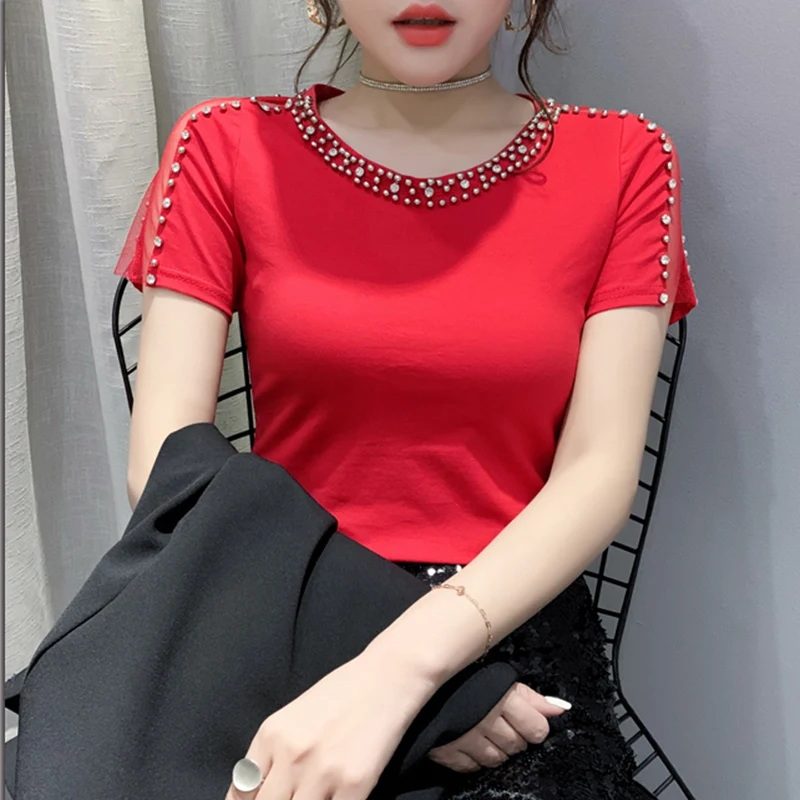 

New 2022 Summer Short Sleeved Women's T-Shirt Fashion Casual O-Neck Beading Tops Female Plus Size Clothing