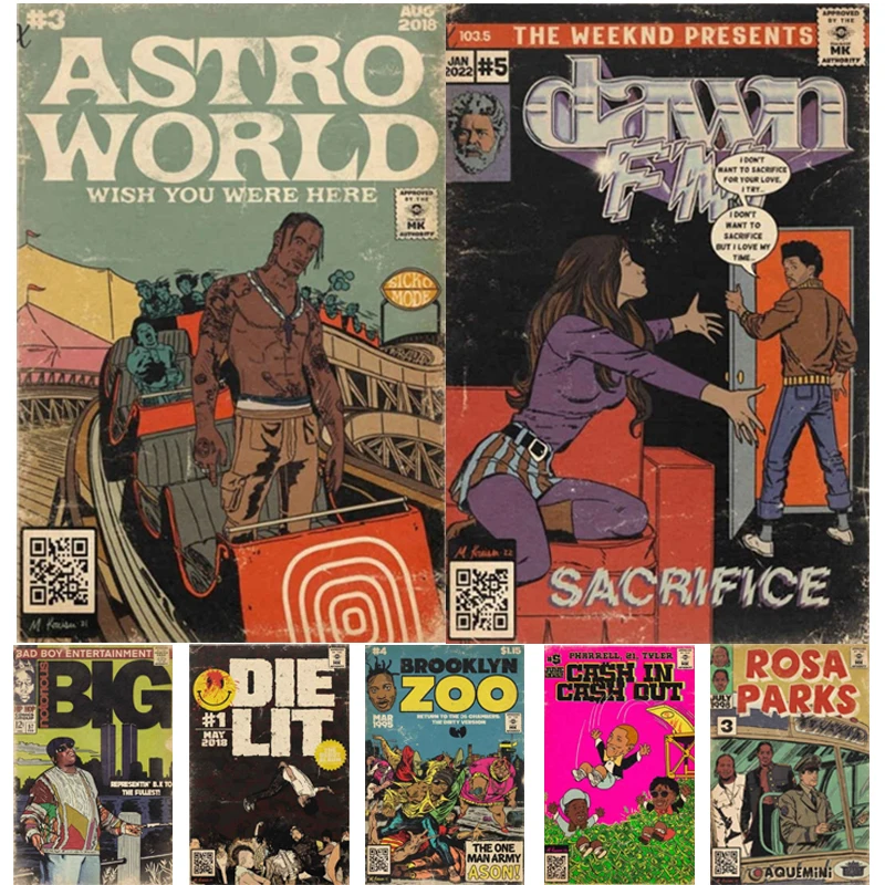 плакаты на стену картина на стену человек бензопила quadros decorativos parede sala Weeknd комикс постер эстетика Nwa Трэвис Скотт большой музыкальный альбом хип-хоп рэпер манга винтажный холст для стены Искусство