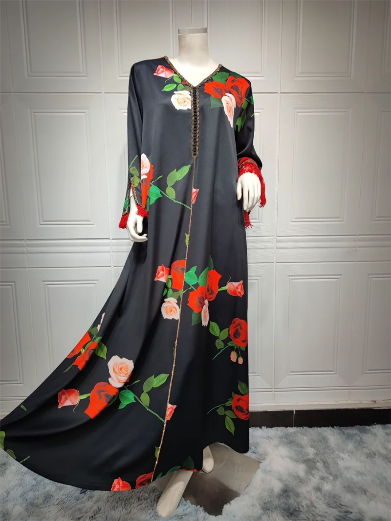 Dubai Luxury Abaya Elegant Casual Printed V-Neck Diamonds Tassel Sleeve Women Kaftan Muslim Dress Formal Occasion Dresses