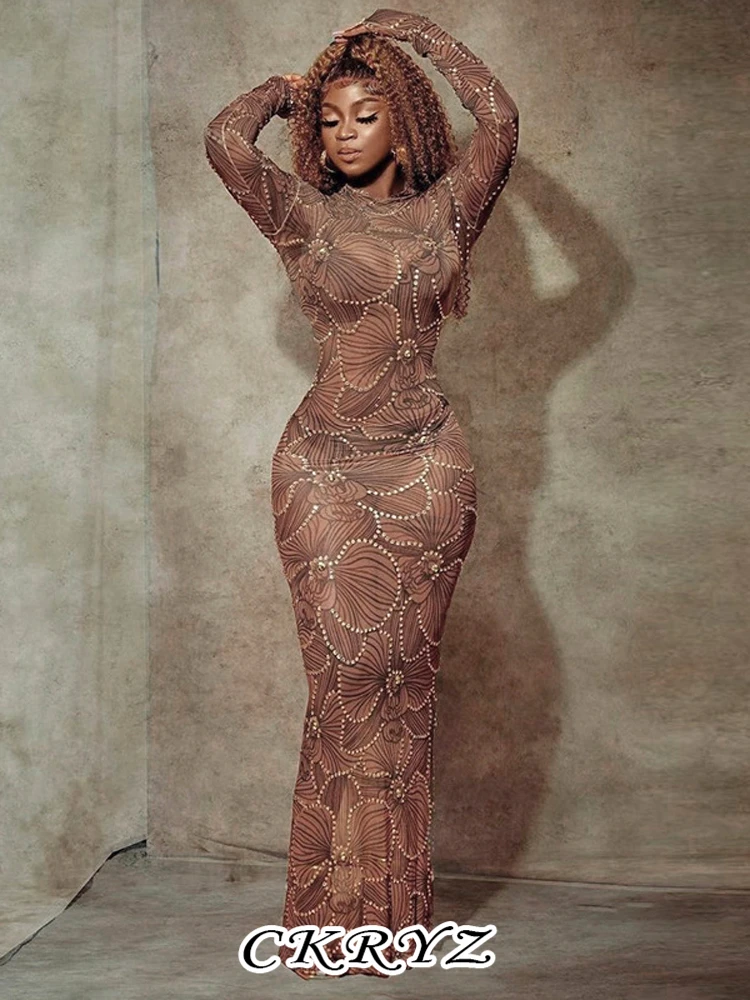 

Ckryz-Women's Long Sleeve Bling Glitter Bodycon Mesh Dress See Through Sexy Maxi Dresses Evening Party Clubwear Autumn New 2023