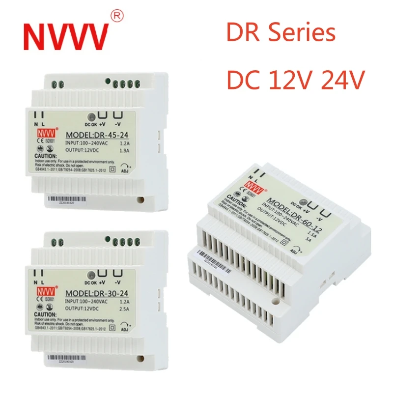 

NVVV DR Series Din Rail Switching Power Supply 12V 24V Power Supply 48V 30-480W 110/220v AC To DC Voltage Stabilizer Transformer