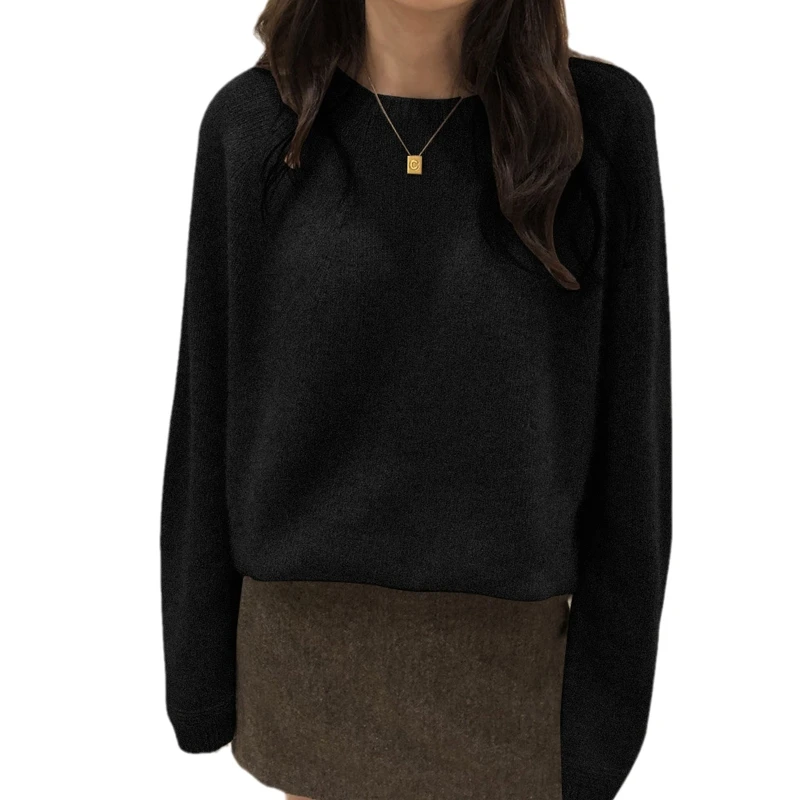 

New style Women Raglan Long Sleeve Sweater Solid Color Faux Wool Warm O-Neck Jumper Top