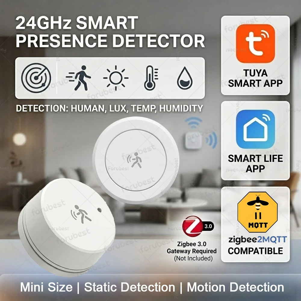 Фото Датчик присутствия человека Zigbee 24G с радаром миллиметрового диапазона частот (Mmwave) для определения движения/статического присутствия, освещенности, температуры и влажности, совместимый с Tuya/Z2MQTT Home Assistant №1