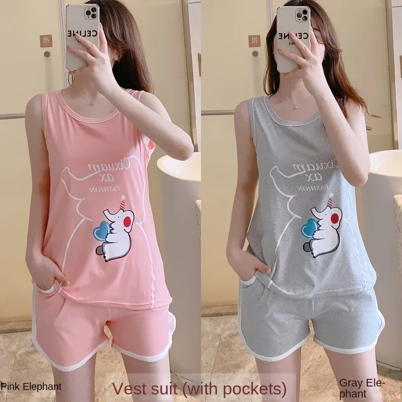 

Летняя женская пижама сексуальный пижамный комплект Женский жилет без рукавов Топ свободные короткие брюки с карманами шорты Комплект из двух предметов