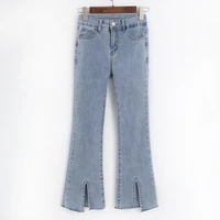 women slit flare pants blue long slim jeans high waist streetwear denim girls trousers 2022 new fashion