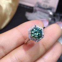 trendy 925 sterling silver 2ct green color geometric moissanite ring for women plated white gold moissanite adjustable rings