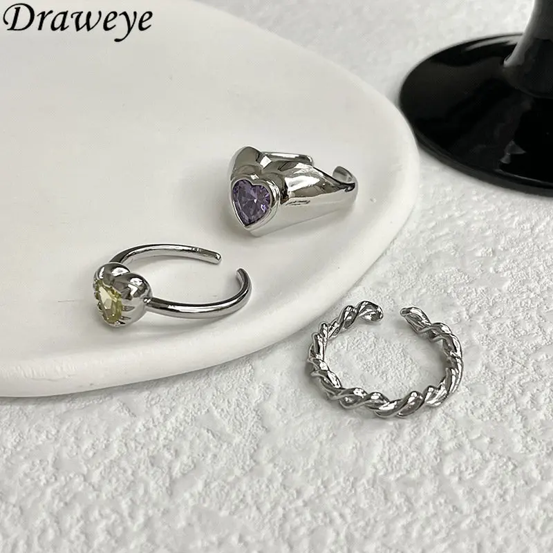

Draweye Heart Jewelry for Women Vintage Y2k Korean Fashion Simple Cuff Rings Forefinger Hiphop Punk Style Anillos Mujer