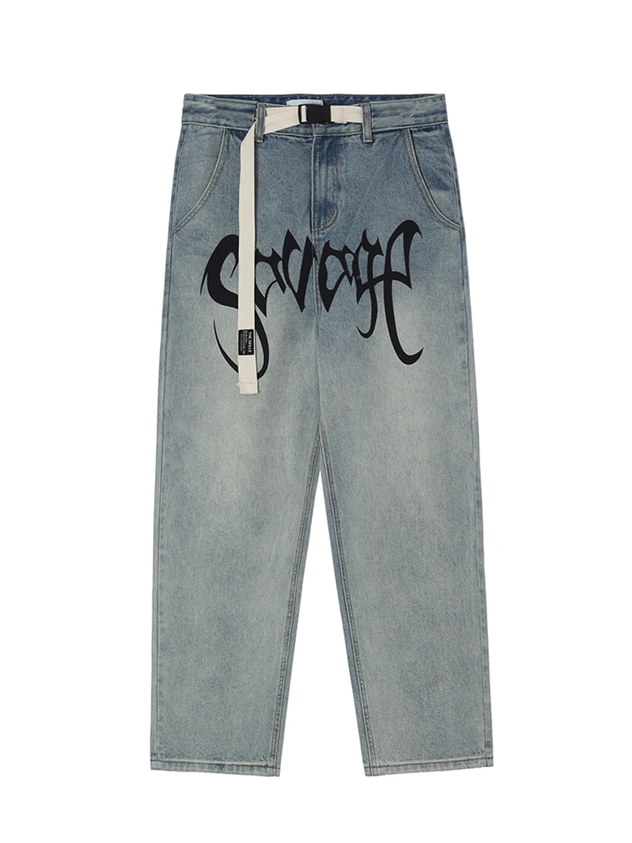 Four Seasons Solid Color Jeans Men's Letter Print Trend Loose Retro High Street Pants Fashion Streetwear Men Ins Hot Sale JEANS