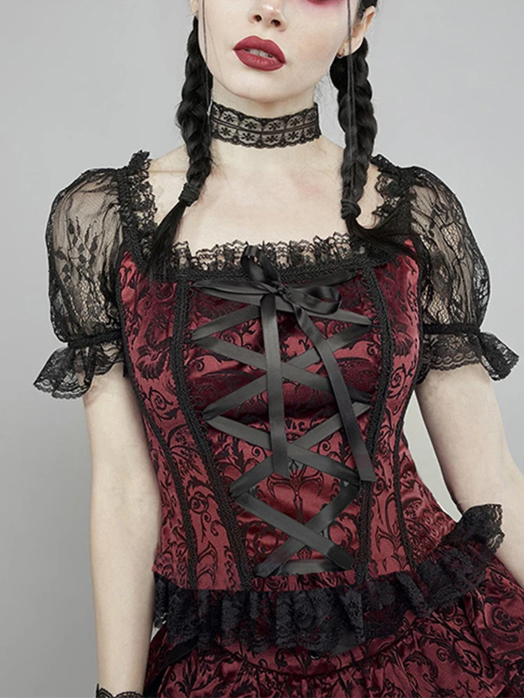 

Goth Lace Aesthetic T-shirts Women Vintage Puff Sleeve Bandage Y2k Top Emo Alt Grunge See Through Gothic Clothes Lolita Tees