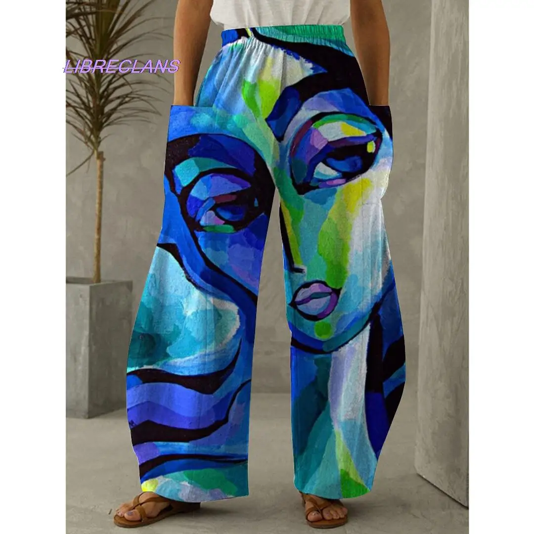 

Осенние модные женские брюки с абстрактным рисунком лица и 3D принтом, длинные брюки-багги, брюки с эластичным поясом, ретро брюки-фонарики д...