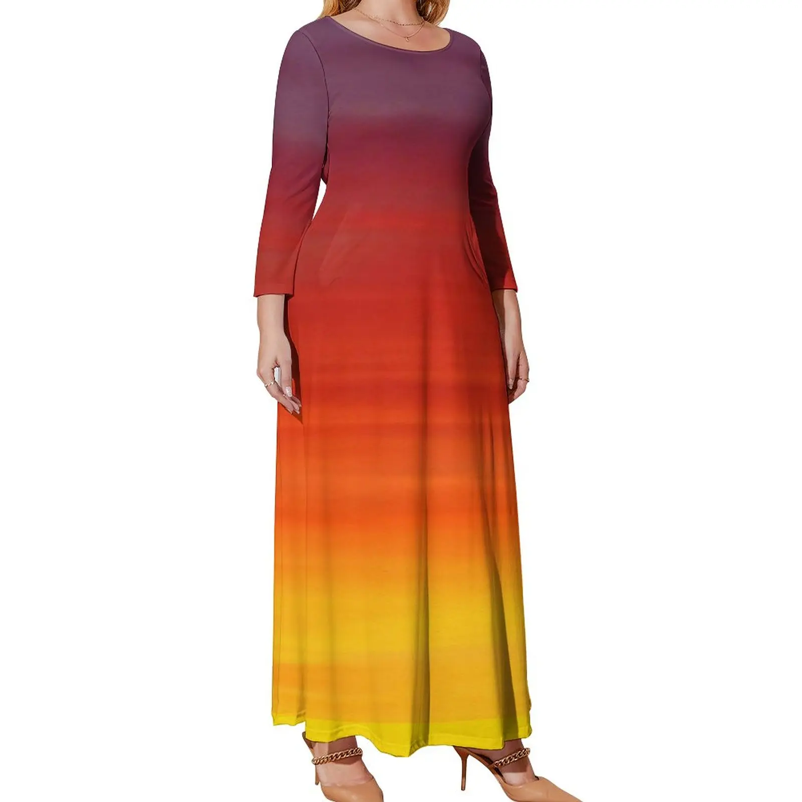 Bright Sunset Dress Red and Orange Sky Street Fashion Beach Dresses Women Long-Sleeve Modern Maxi Dress Summer Plus Size Vestido