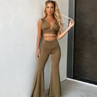 deep v neck casual vest 2 piece set women solid waist tie crop top and bell bottomed pants sexy outfits 2022