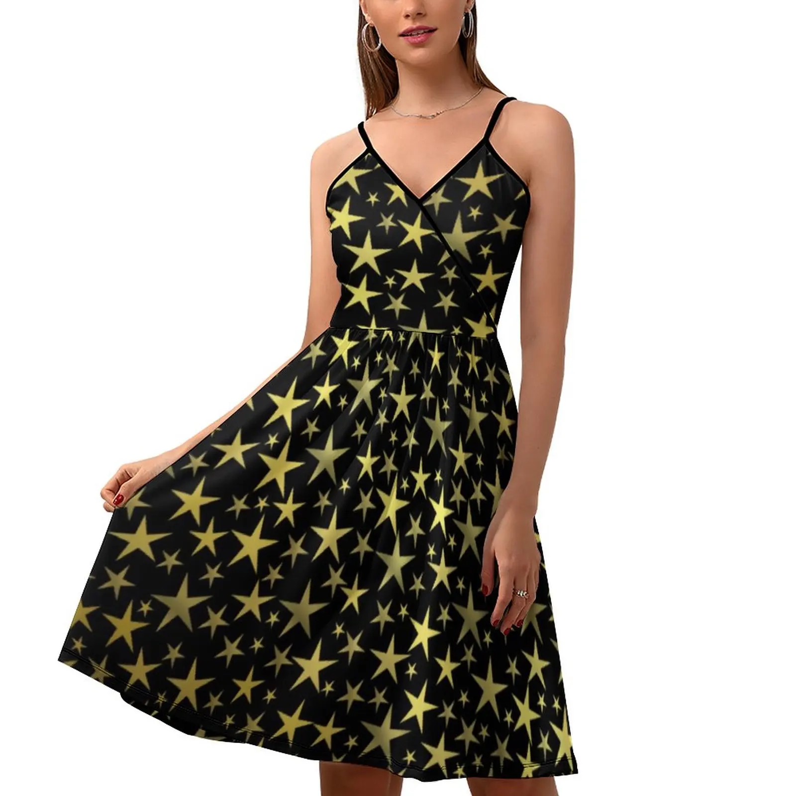 

Black Gold Star Dress Bright Shiny Print Aesthetic Graphic Dresses Summer Spaghetti Straps Modern Casual Dress Birthday Gift