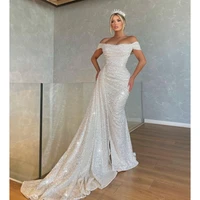 glitter white sequins evening dresses off the shoulder boat neck women prom gowns formal long train party wedding robe de mari%c3%a9e