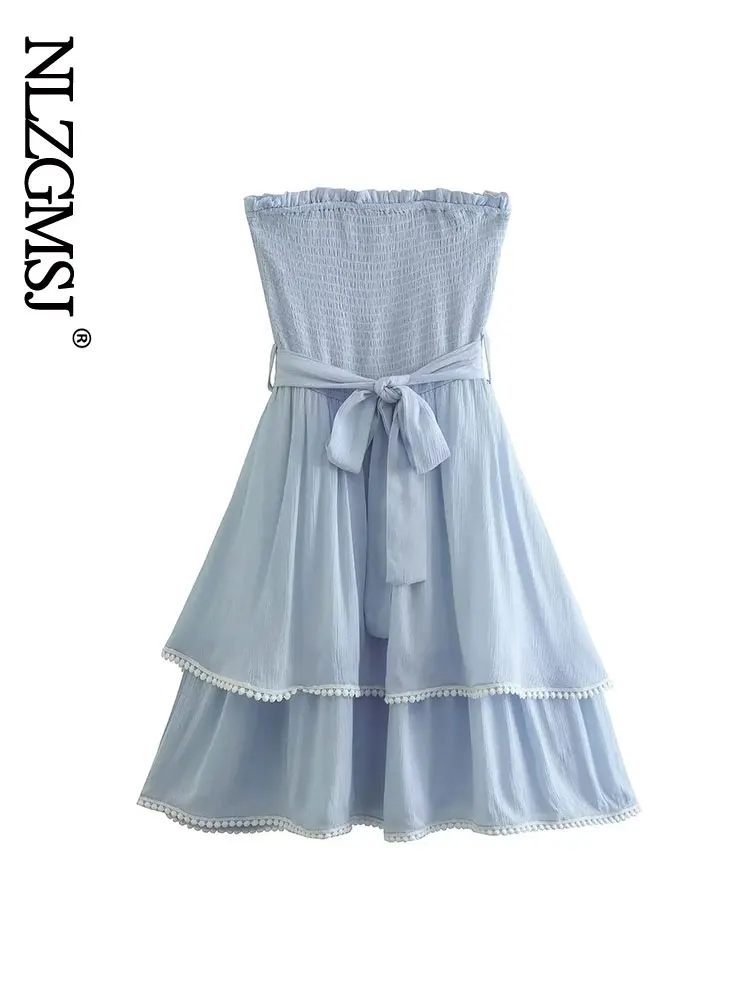 

Nlzgmsj Sexy Ruffles Tube Dress Women Summer Strapless Off Shoulder Blue White Casual Chic Beach Mini Dress