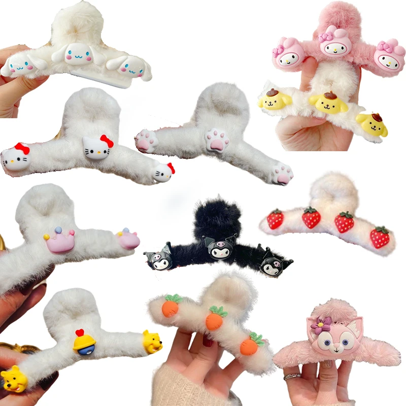 

Kawaii Cinnamoroll My Melody Kuromi Kittys помпоны Пурины большая плюшевая заколка для волос в виде акулы аксессуары для волос подарок на день рождения
