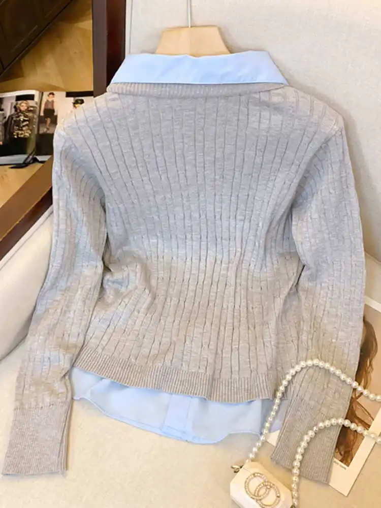 Женский серый пуловер с воротником поло свитер в стиле Харадзюку корейский