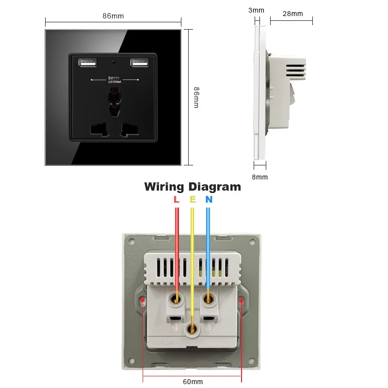 Универсальная Розетка novski 13a 5 лампочек 2 usb-порта для зарядки выход 1 А настенная