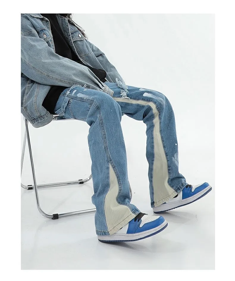 New Jeans Vibe Wind Straight Loose Micro Flared Pants High Street Do Old Brush Paint Hand-painted Stitching Jeans Men and Women