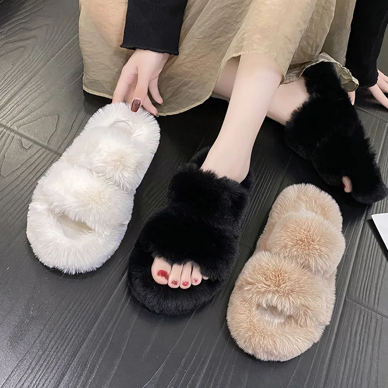 

Low Big Size Shoes Plush Slippers For Adults Platform Slides Flock Fur Fabric Rome Rubber PU Hoof Heels Basic Flock Shoes Low Pl