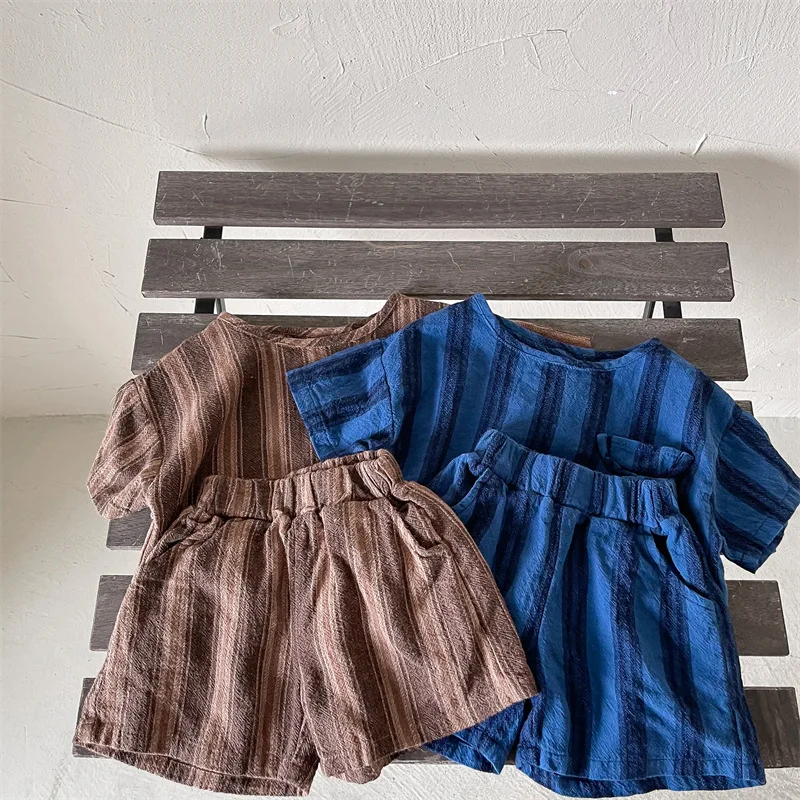 

2022 Children Summer New Arrival Set Kid Boy Striped Short Sleeves T-shirt And Girl Soft All-match Cotton Shorts 2pc Sets