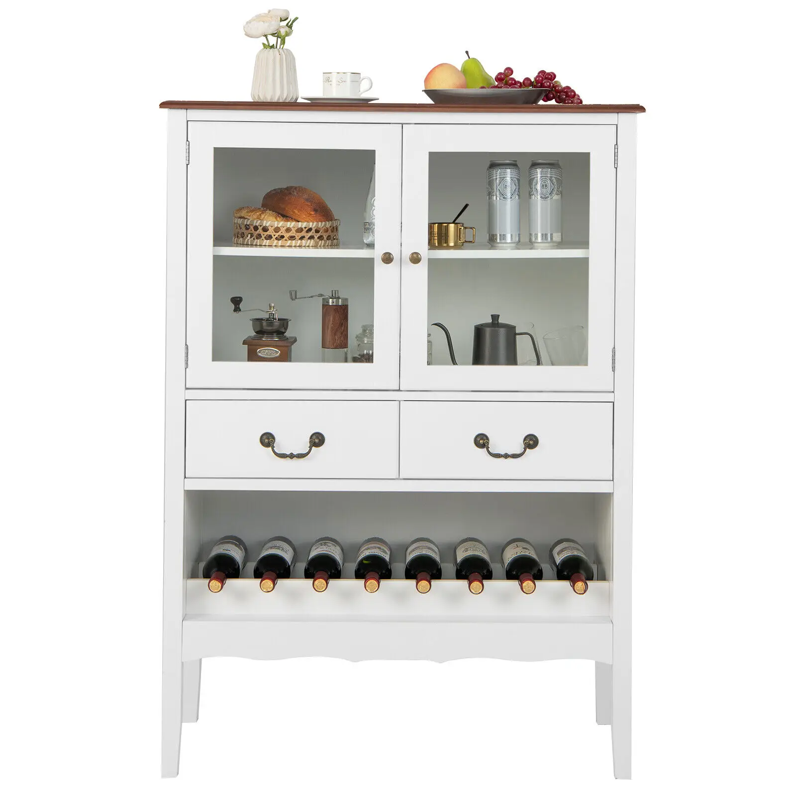 

European style simple design 2-Door Liquor Coffee Bar Cabinet Freestanding Buffet Sideboard Wine Rack Drawers home furniture