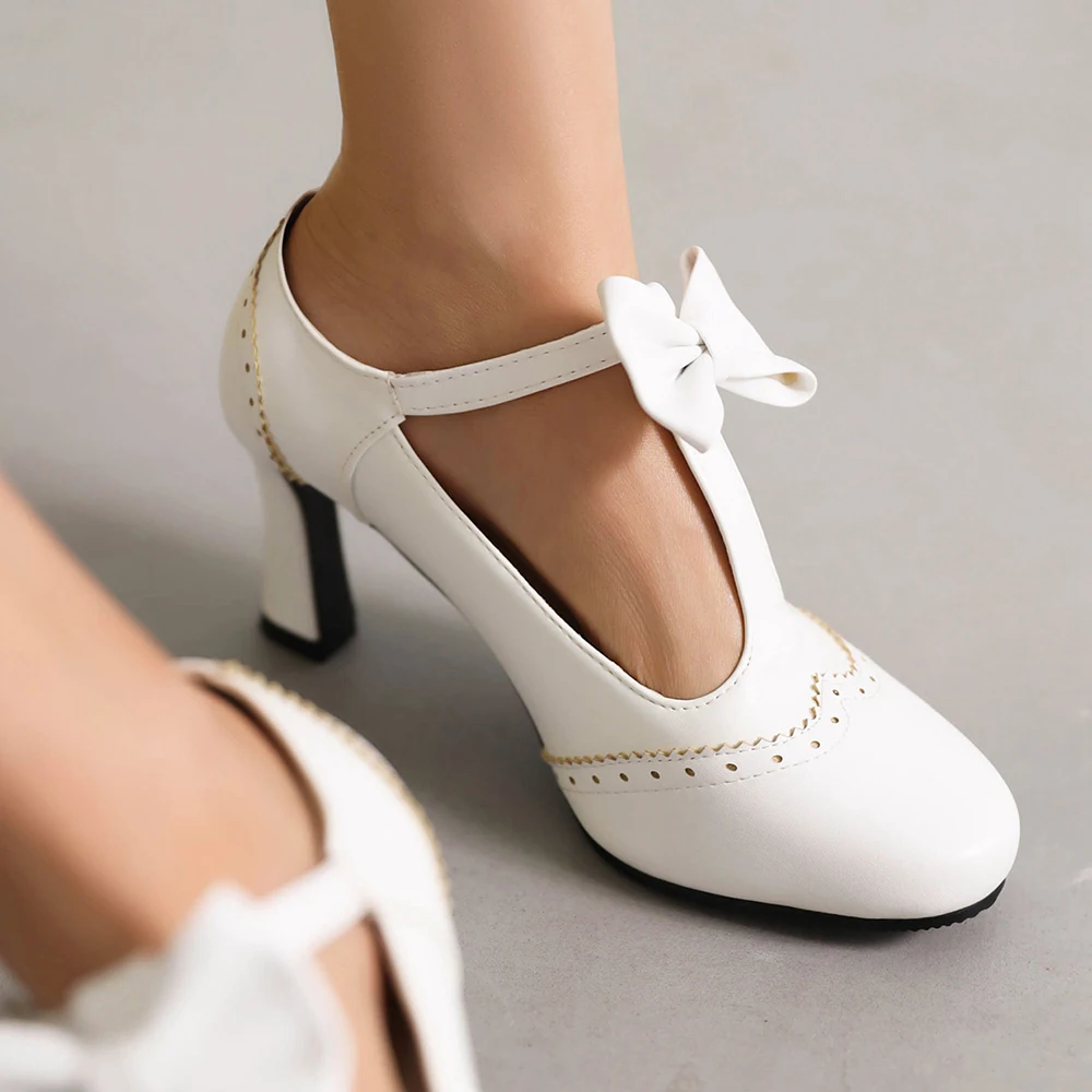 Vintage T-Strap Heels for Women Mary Jane Pumps 8cm Wedding Bridal Shoes Elegant Women's Sweet Bow High Heels chaussures femme