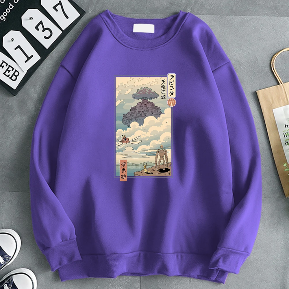 

Ukiyo-E Style Castle In The Sky Anime Mens Clothing Fleece Warm Hoodie Autumn Oversized Hoodies Crewneck Male Sweatshirts