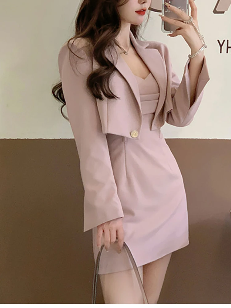 

Женский элегантный комплект из двух предметов, пиджак и платье на бретелях, Женский Повседневный Модный облегающий костюм в Корейском стиле, новая одежда Y2K, 2023