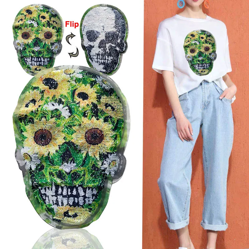 

Skull Sunflower Sequins Patches for Clothing Sew Iron On Patch Punk Rock Clothes Backpack Jean Jacket T-shirts Sewing Applique