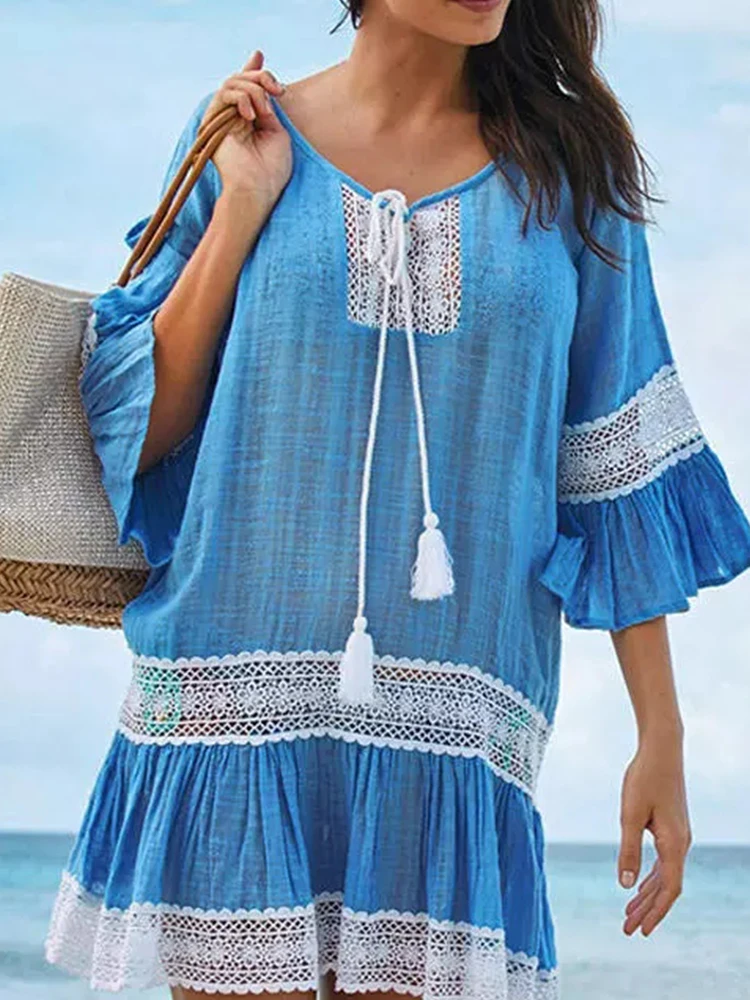 

Кружевная простроченная плотная блузка, Пляжная накидка, платье, женская одежда для плавания, купальный костюм, накидка, Пляжная пляжная од...