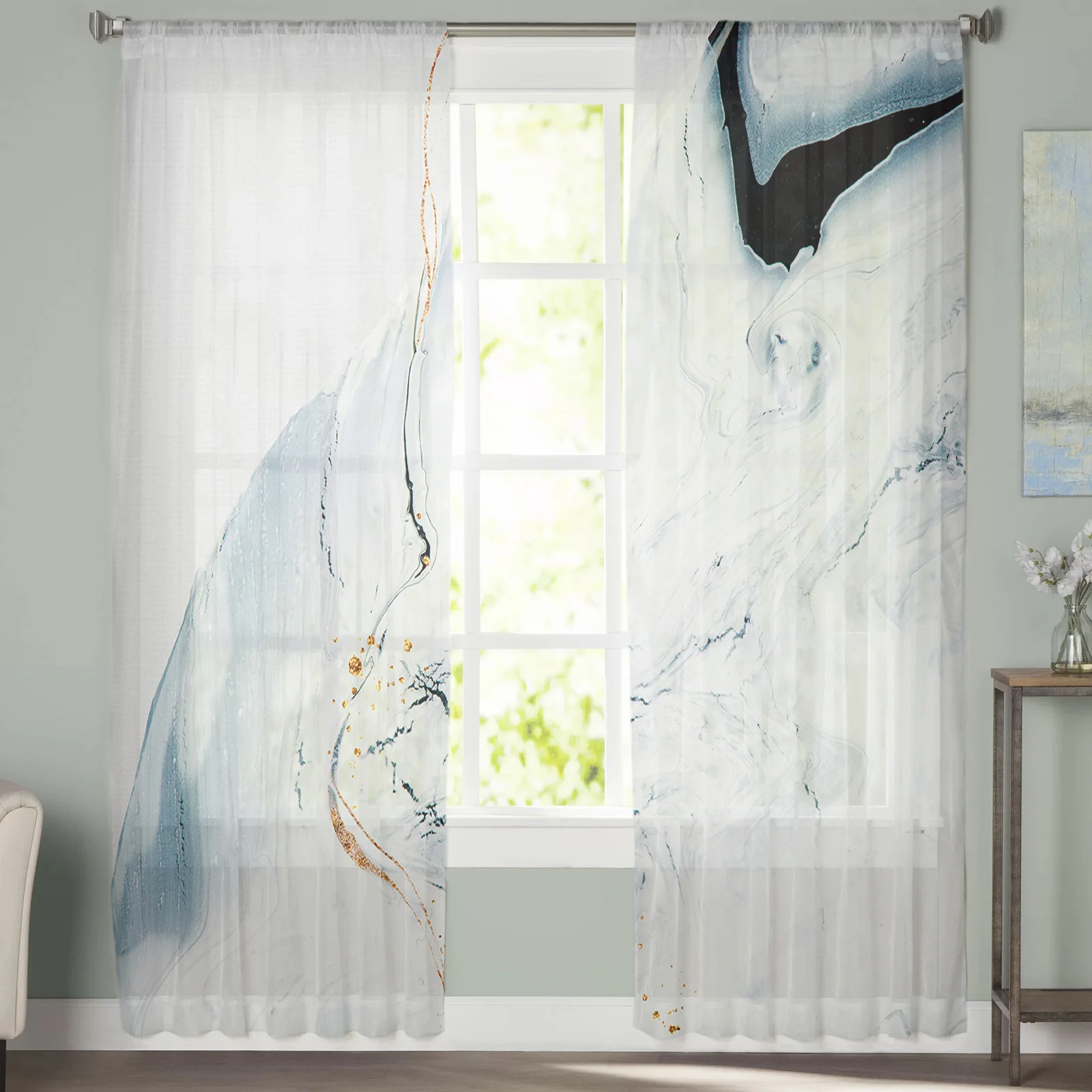 

Abstract Marble Blue Lake Tulle Curtains For Living Room Bedroom Decoration Luxury Voile Valance Sheer Curtains For Kitchen