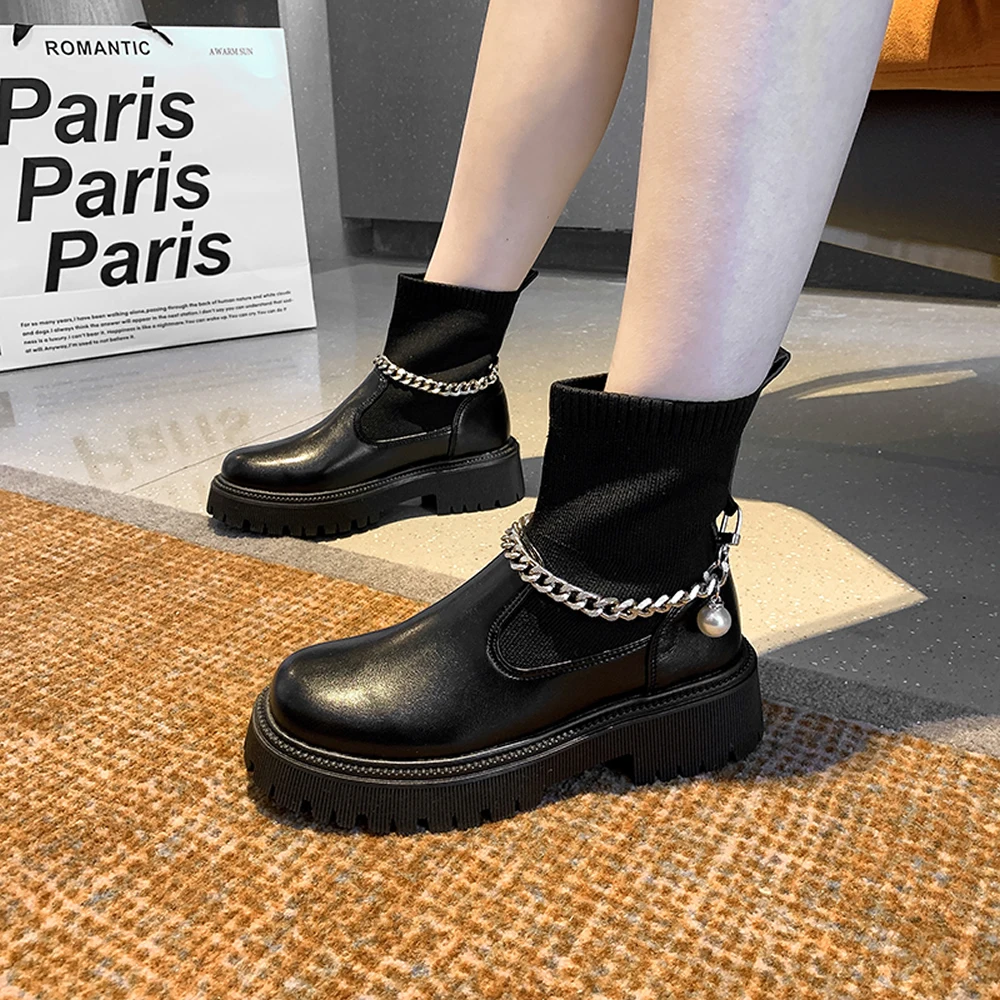 Knitted socks boots women's 2023 autumn new chain mid-tube elastic boots women's thick heel thick sole thin ankle boots ins tide