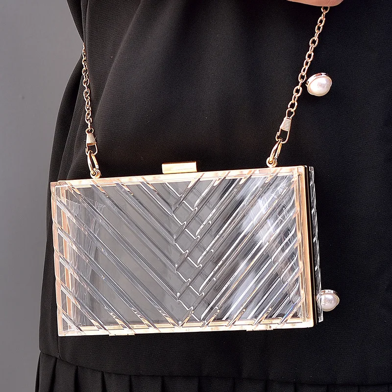 

Solid Color Acrylic Shoulder Bag Party Fashion Metal Chain Small Square Bag Acrylic Transparent Pop Evening Bag Removable Clutch
