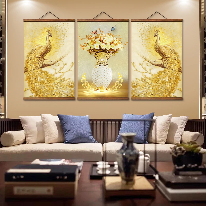 

Настенные постеры AS3060 в китайском стиле с павлином, цветами, птицами, комнатами, художественные настенные постеры на холсте, китайские картины из твердой древесины с прокруткой