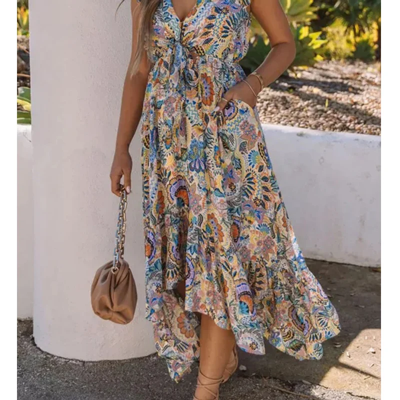 

Multicolor Boho Floral Print Asymmetric Hem High Waist Long Dress