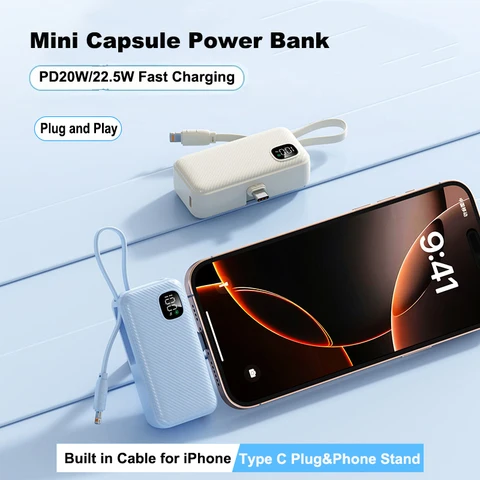 Портативное зарядное устройство Mini Capsule Power Bank, вилка типа C, 22,5 Вт, внешняя батарея для быстрой зарядки для iPhone 17 16 Samsung Xiaomi Huawei